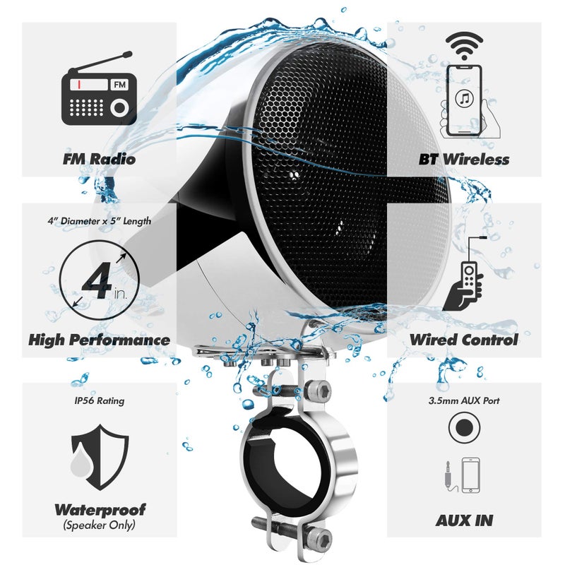 GoHawk سماعات ومكبر صوت بلوتوث للدراجات النارية من GoHawk، نظام صوتي، سماعات مقاومة للعوامل الجوية بحجم 4 بوصات، تحكم في الصوت، راديو FM، مثالي للدراجات النارية/ATVs - Image 3